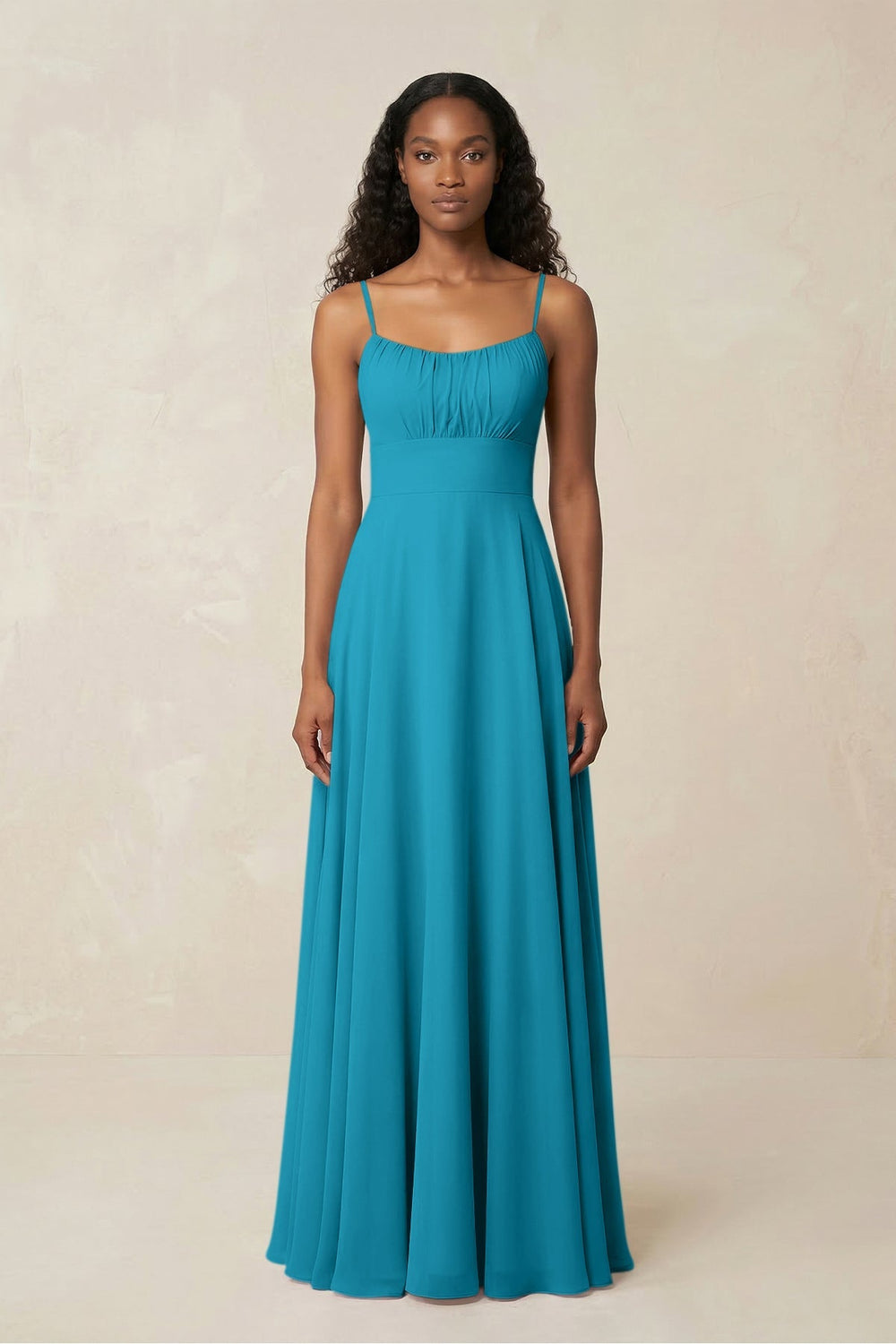 A - Line Ruched Chiffon Spaghetti Strap Bridesmaid Dress in Blue Jay - KISS BRIDAL Bridesmaid Dresses