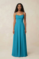 A - Line Ruched Chiffon Spaghetti Strap Bridesmaid Dress in Blue Jay - SHE IS ME Bridesmaid Dresses