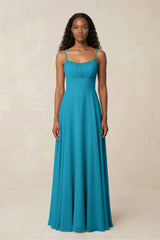 A - Line Ruched Chiffon Spaghetti Strap Bridesmaid Dress in Blue Jay - KISS BRIDAL Bridesmaid Dresses