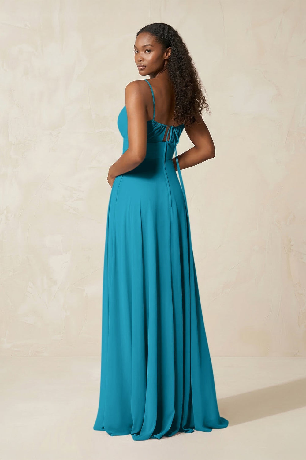 A - Line Ruched Chiffon Spaghetti Strap Bridesmaid Dress in Blue Jay - KISS BRIDAL Bridesmaid Dresses