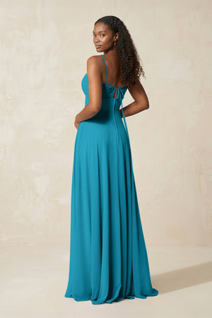 A - Line Ruched Chiffon Spaghetti Strap Bridesmaid Dress in Blue Jay - SHE IS ME Bridesmaid Dresses