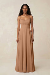 A - Line Ruched Chiffon Spaghetti Strap Bridesmaid Dress in Bronzer - KISS BRIDAL Bridesmaid Dresses