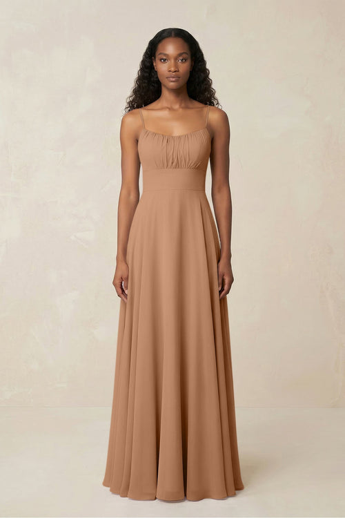 A - Line Ruched Chiffon Spaghetti Strap Bridesmaid Dress in Bronzer - SHE IS ME Bridesmaid Dresses
