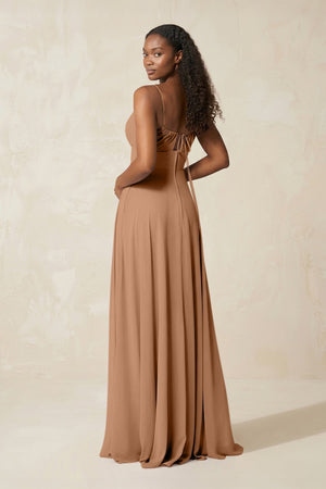 A - Line Ruched Chiffon Spaghetti Strap Bridesmaid Dress in Bronzer - SHE IS ME Bridesmaid Dresses