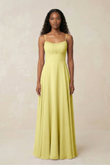 A - Line Ruched Chiffon Spaghetti Strap Bridesmaid Dress in Buttercup - KISS BRIDAL Bridesmaid Dresses