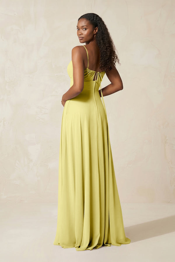 A - Line Ruched Chiffon Spaghetti Strap Bridesmaid Dress in Buttercup - SHE IS ME Bridesmaid Dresses