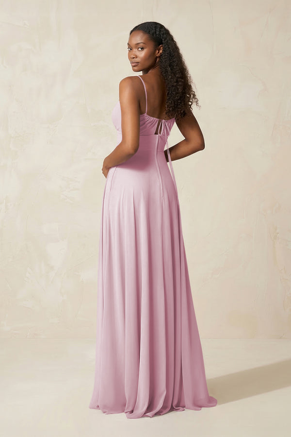 A-Line Ruched Chiffon Spaghetti Strap Bridesmaid Dress in Candy Pink (2) | KISSBRIDAL