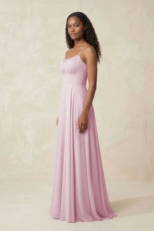 A-Line Ruched Chiffon Spaghetti Strap Bridesmaid Dress in Candy Pink (3) | KISSBRIDAL