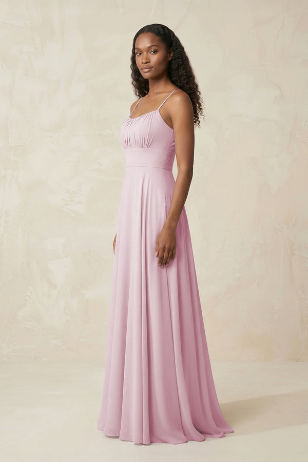A-Line Ruched Chiffon Spaghetti Strap Bridesmaid Dress in Candy Pink (3) | KISSBRIDAL