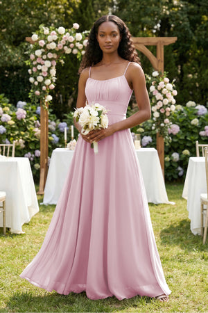 A-Line Ruched Chiffon Spaghetti Strap Bridesmaid Dress in Candy Pink (4) | KISSBRIDAL