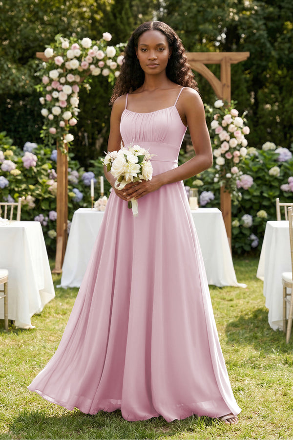 A-Line Ruched Chiffon Spaghetti Strap Bridesmaid Dress in Candy Pink (4) | KISSBRIDAL