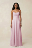 A-Line Ruched Chiffon Spaghetti Strap Bridesmaid Dress in Candy Pink | KISSBRIDAL