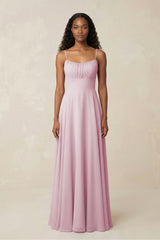 A-Line Ruched Chiffon Spaghetti Strap Bridesmaid Dress in Candy Pink | KISSBRIDAL