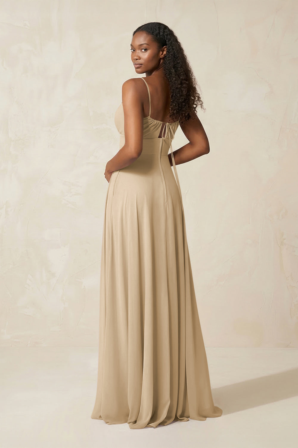 A-Line Ruched Chiffon Spaghetti Strap Bridesmaid Dress in Champagne