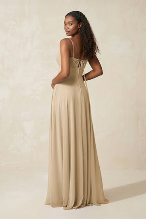A-Line Ruched Chiffon Spaghetti Strap Bridesmaid Dress in Champagne (2) | KISSBRIDAL