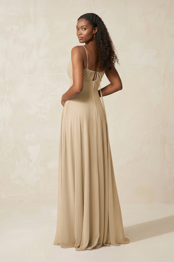 A-Line Ruched Chiffon Spaghetti Strap Bridesmaid Dress in Champagne (2) | KISSBRIDAL