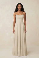 A - Line Ruched Chiffon Spaghetti Strap Bridesmaid Dress in Champagne - SHE IS ME Bridesmaid Dresses