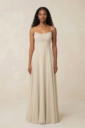 A - Line Ruched Chiffon Spaghetti Strap Bridesmaid Dress in Champagne - SHE IS ME Bridesmaid Dresses
