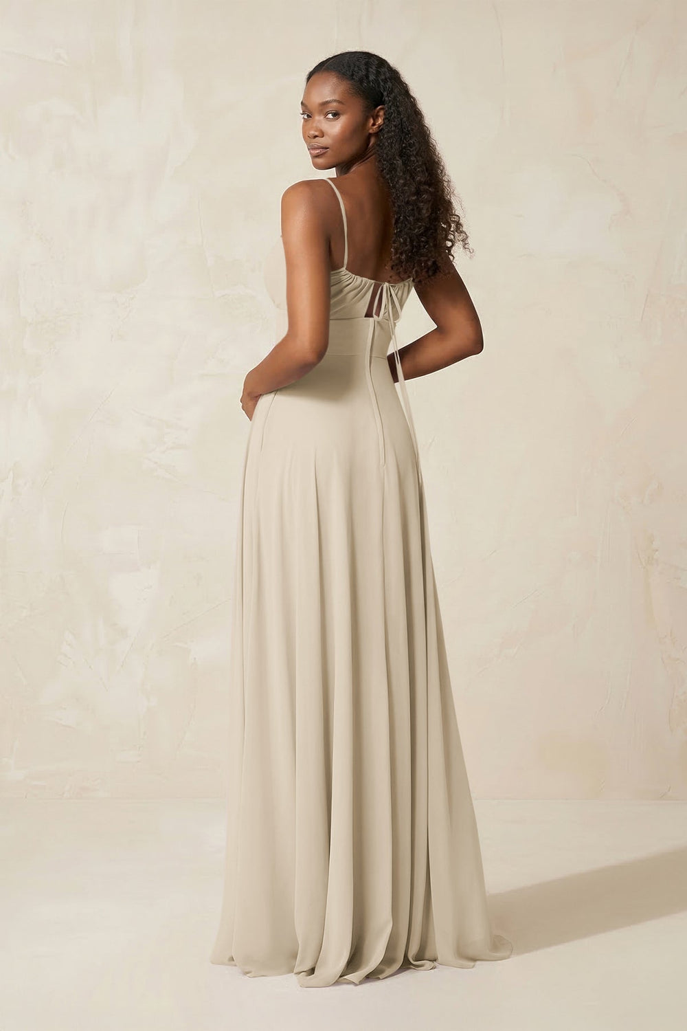 A - Line Ruched Chiffon Spaghetti Strap Bridesmaid Dress in Champagne - KISS BRIDAL Bridesmaid Dresses