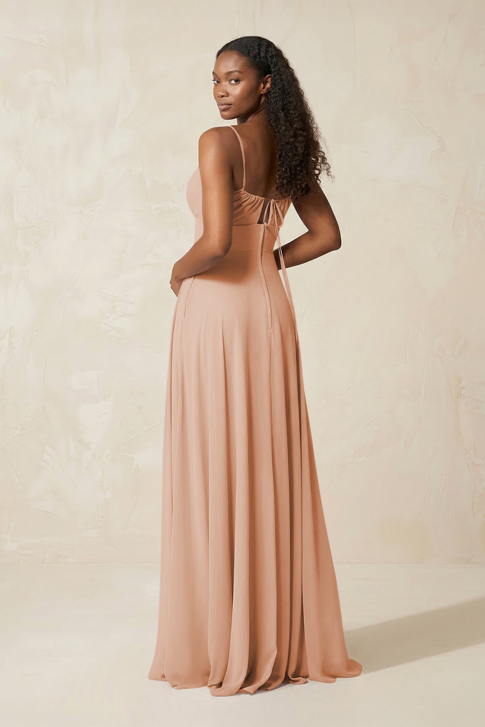 A - Line Ruched Chiffon Spaghetti Strap Bridesmaid Dress in Champagne Rose - KISS BRIDAL Bridesmaid Dresses