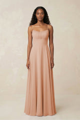 A - Line Ruched Chiffon Spaghetti Strap Bridesmaid Dress in Champagne Rose - KISS BRIDAL Bridesmaid Dresses