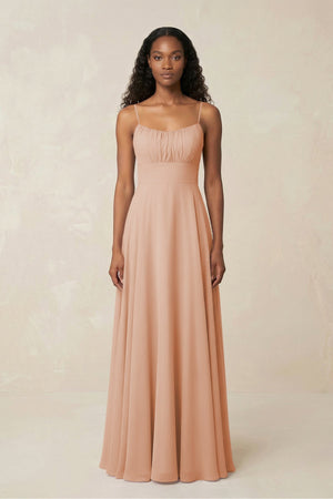 A - Line Ruched Chiffon Spaghetti Strap Bridesmaid Dress in Champagne Rose - SHE IS ME Bridesmaid Dresses