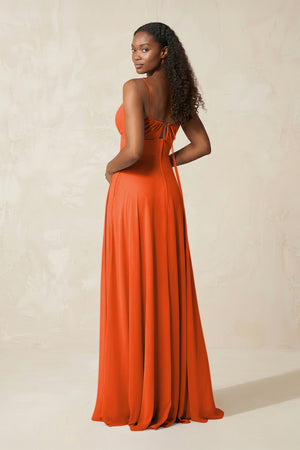 A-Line Ruched Chiffon Spaghetti Strap Bridesmaid Dress in Cinnamon (2) | KISSBRIDAL