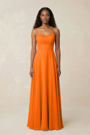 A - Line Ruched Chiffon Spaghetti Strap Bridesmaid Dress in Cinnamon - SHE IS ME Bridesmaid Dresses