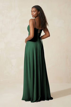 A-Line Ruched Chiffon Spaghetti Strap Bridesmaid Dress in Dark Green (2) | KISSBRIDAL