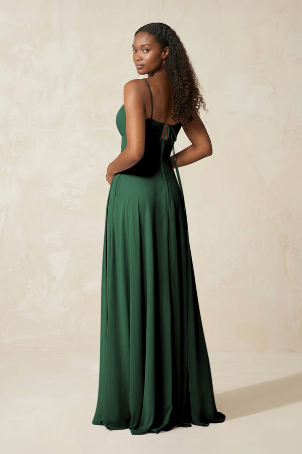 A-Line Ruched Chiffon Spaghetti Strap Bridesmaid Dress in Dark Green (2) | KISSBRIDAL