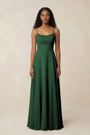A - Line Ruched Chiffon Spaghetti Strap Bridesmaid Dress in Dark Green - SHE IS ME Bridesmaid Dresses