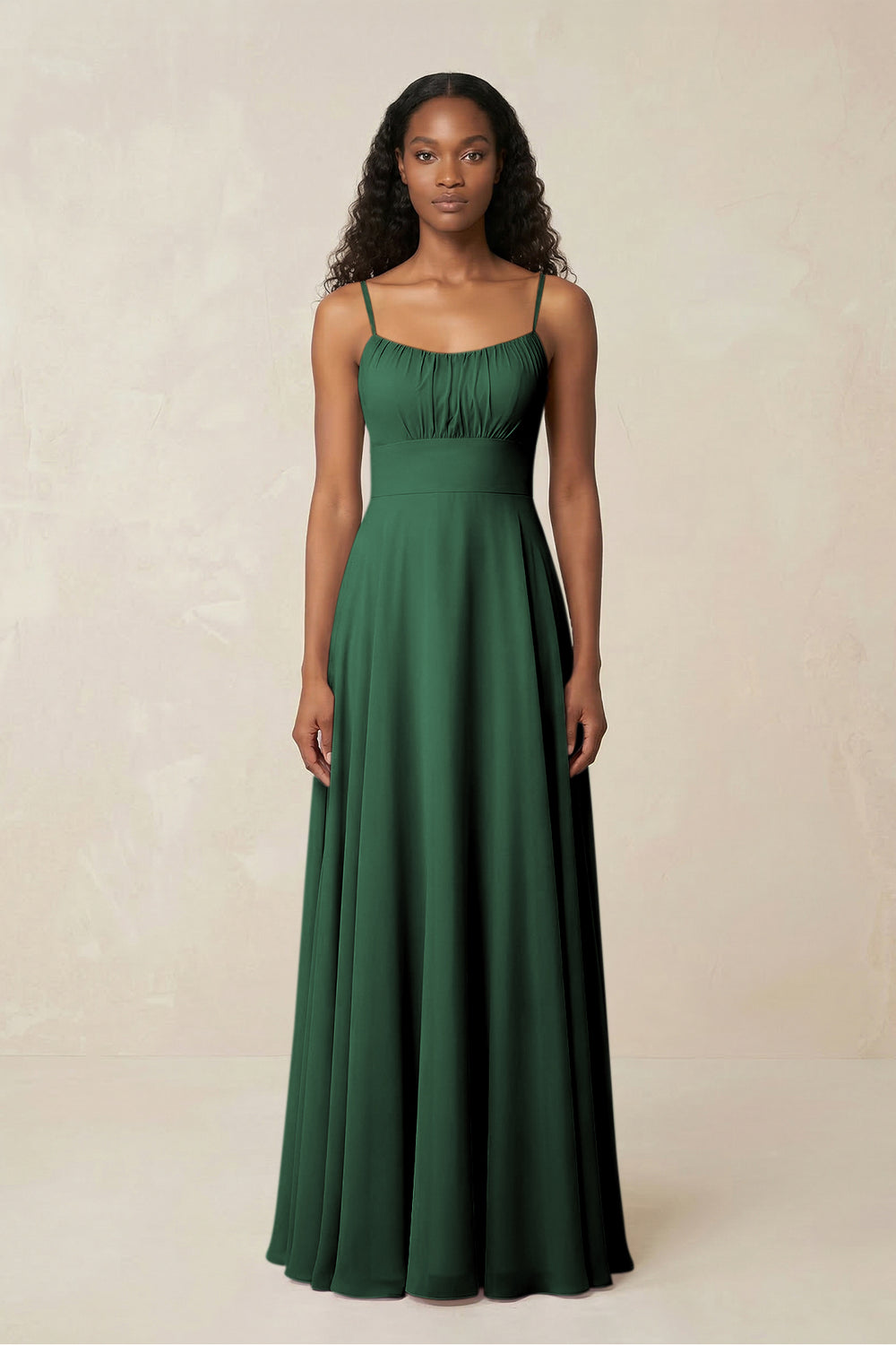 A-Line Ruched Chiffon Spaghetti Strap Bridesmaid Dress in Dark Green