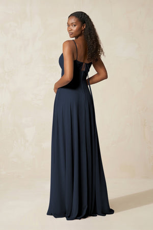 A - Line Ruched Chiffon Spaghetti Strap Bridesmaid Dress in Dark Navy - SHE IS ME Bridesmaid Dresses