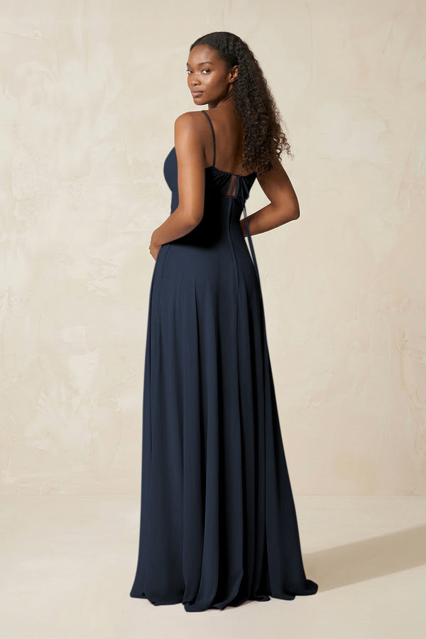 A - Line Ruched Chiffon Spaghetti Strap Bridesmaid Dress in Dark Navy - SHE IS ME Bridesmaid Dresses