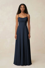 A - Line Ruched Chiffon Spaghetti Strap Bridesmaid Dress in Dark Navy - KISS BRIDAL Bridesmaid Dresses