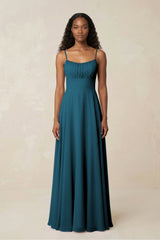 A - Line Ruched Chiffon Spaghetti Strap Bridesmaid Dress in Dark Teal - KISS BRIDAL Bridesmaid Dresses