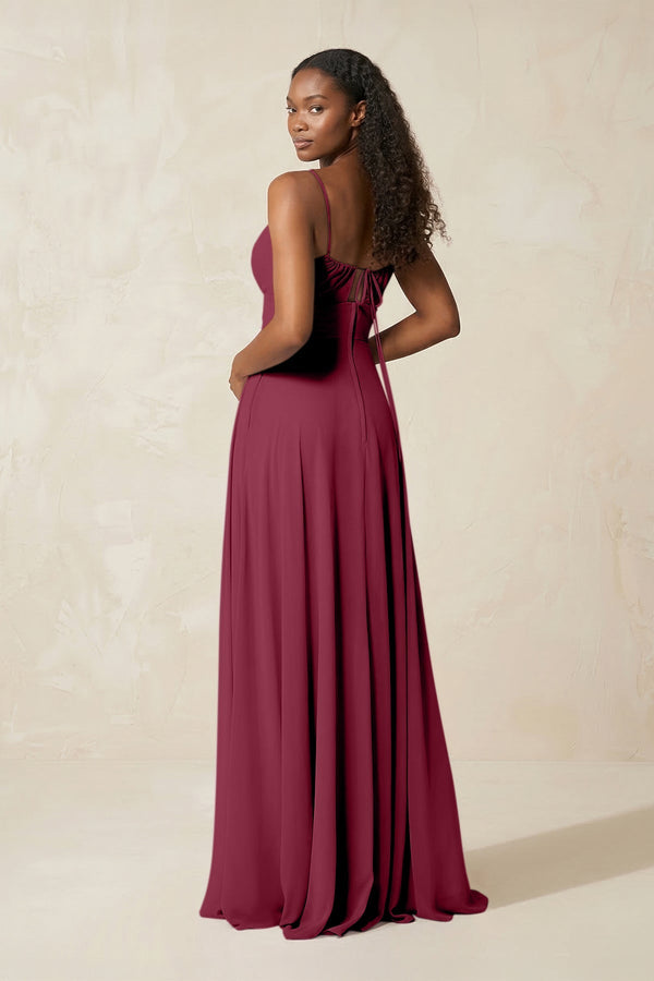 A - Line Ruched Chiffon Spaghetti Strap Bridesmaid Dress in Desert Rose - SHE IS ME Bridesmaid Dresses