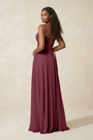 A-Line Ruched Chiffon Spaghetti Strap Bridesmaid Dress in Desert Rose (2) | KISSBRIDAL