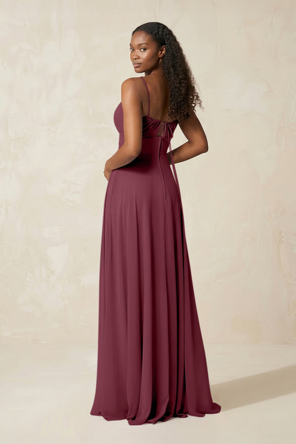 A-Line Ruched Chiffon Spaghetti Strap Bridesmaid Dress in Desert Rose (2) | KISSBRIDAL