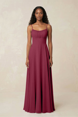 A - Line Ruched Chiffon Spaghetti Strap Bridesmaid Dress in Desert Rose - SHE IS ME Bridesmaid Dresses