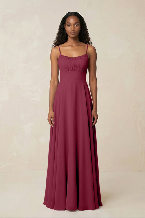 A - Line Ruched Chiffon Spaghetti Strap Bridesmaid Dress in Desert Rose - SHE IS ME Bridesmaid Dresses