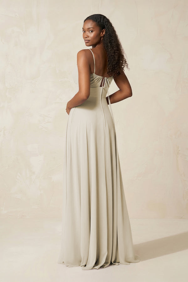 A - Line Ruched Chiffon Spaghetti Strap Bridesmaid Dress in Dove Gray - SHE IS ME Bridesmaid Dresses