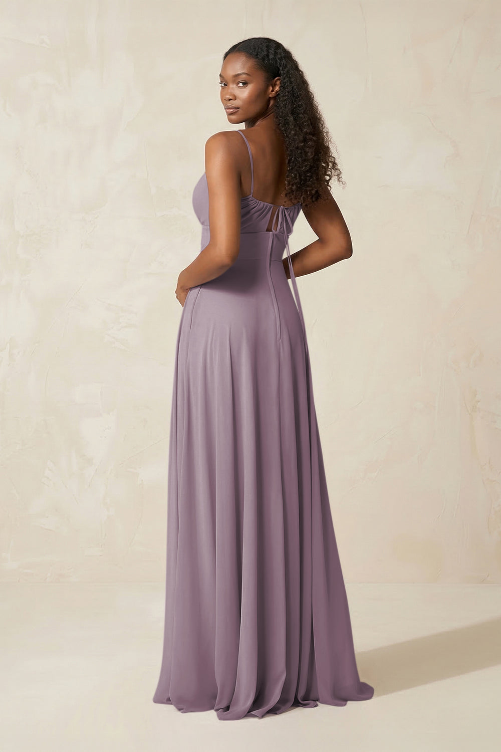 A-Line Ruched Chiffon Spaghetti Strap Bridesmaid Dress in Dusk