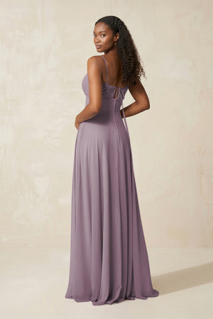 A-Line Ruched Chiffon Spaghetti Strap Bridesmaid Dress in Dusk (2) | KISSBRIDAL
