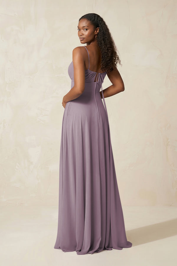 A-Line Ruched Chiffon Spaghetti Strap Bridesmaid Dress in Dusk (2) | KISSBRIDAL