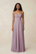 A - Line Ruched Chiffon Spaghetti Strap Bridesmaid Dress in Dusk - SHE IS ME Bridesmaid Dresses