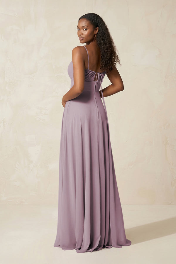 A - Line Ruched Chiffon Spaghetti Strap Bridesmaid Dress in Dusk - SHE IS ME Bridesmaid Dresses