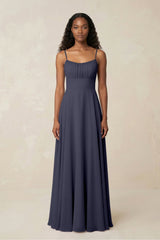 A - Line Ruched Chiffon Spaghetti Strap Bridesmaid Dress in Dusk Blue - KISS BRIDAL Bridesmaid Dresses