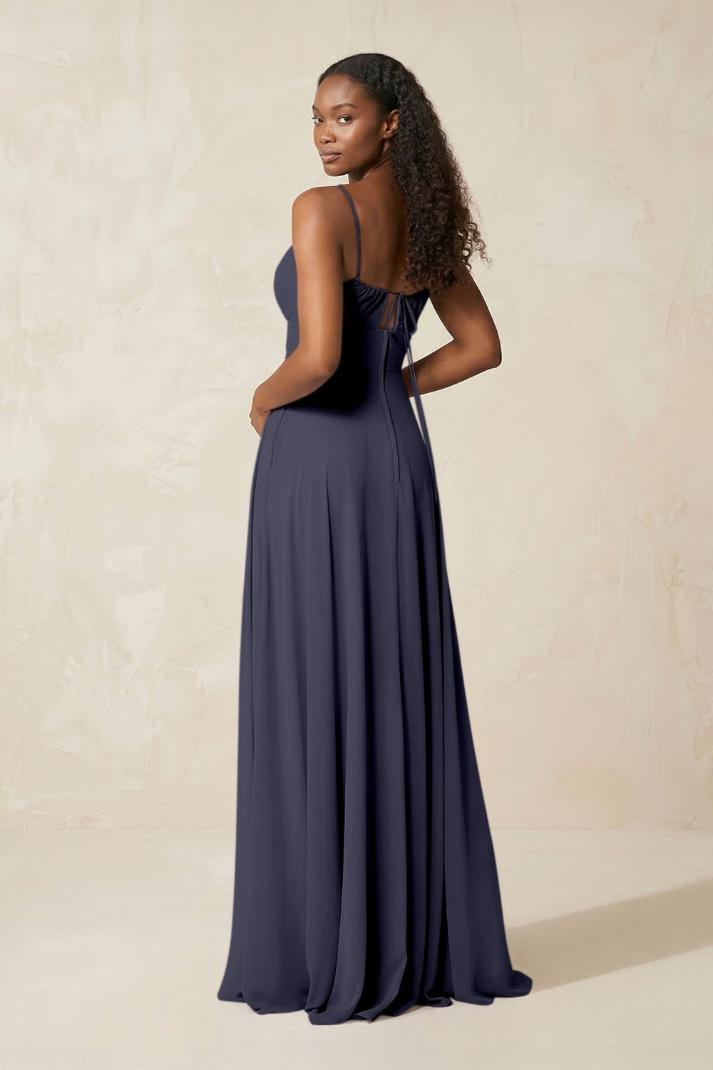 A - Line Ruched Chiffon Spaghetti Strap Bridesmaid Dress in Dusk Blue - KISS BRIDAL Bridesmaid Dresses