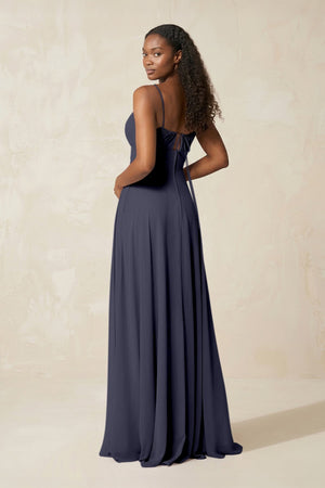 A - Line Ruched Chiffon Spaghetti Strap Bridesmaid Dress in Dusk Blue - SHE IS ME Bridesmaid Dresses